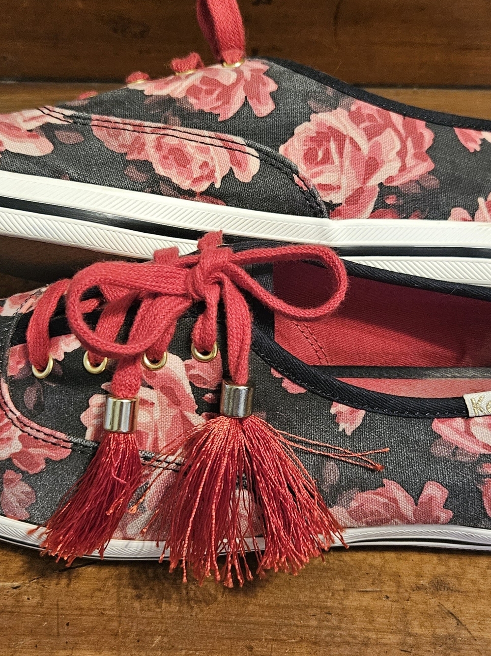 kate spade Black Sneakers with Red Floral Print and Red Tassels - Picture 11 of 14
